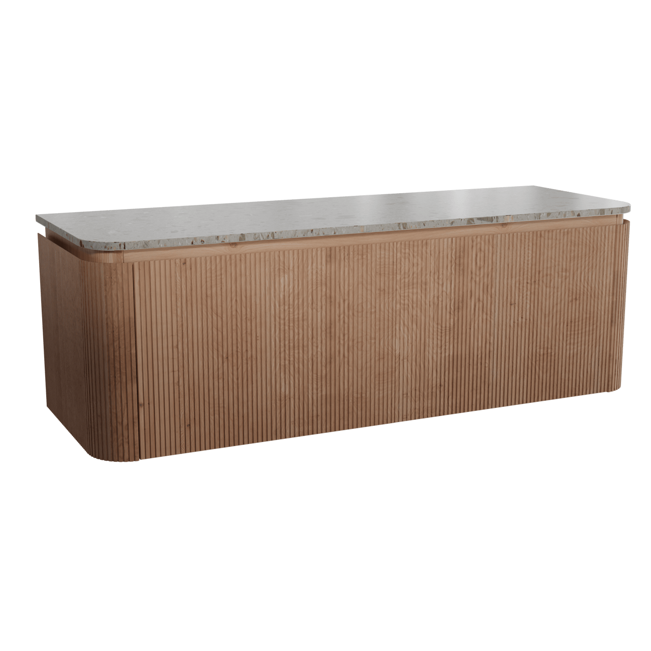 Balmani Moon hängendes Möbelstück Set: 160 x 55 cm, Naturbelassene Eiche, mit Moon Einzel- oder Doppel Waschtischplatte, Terrazzo in Greige, Vertikale symmetrische gerade Rippe