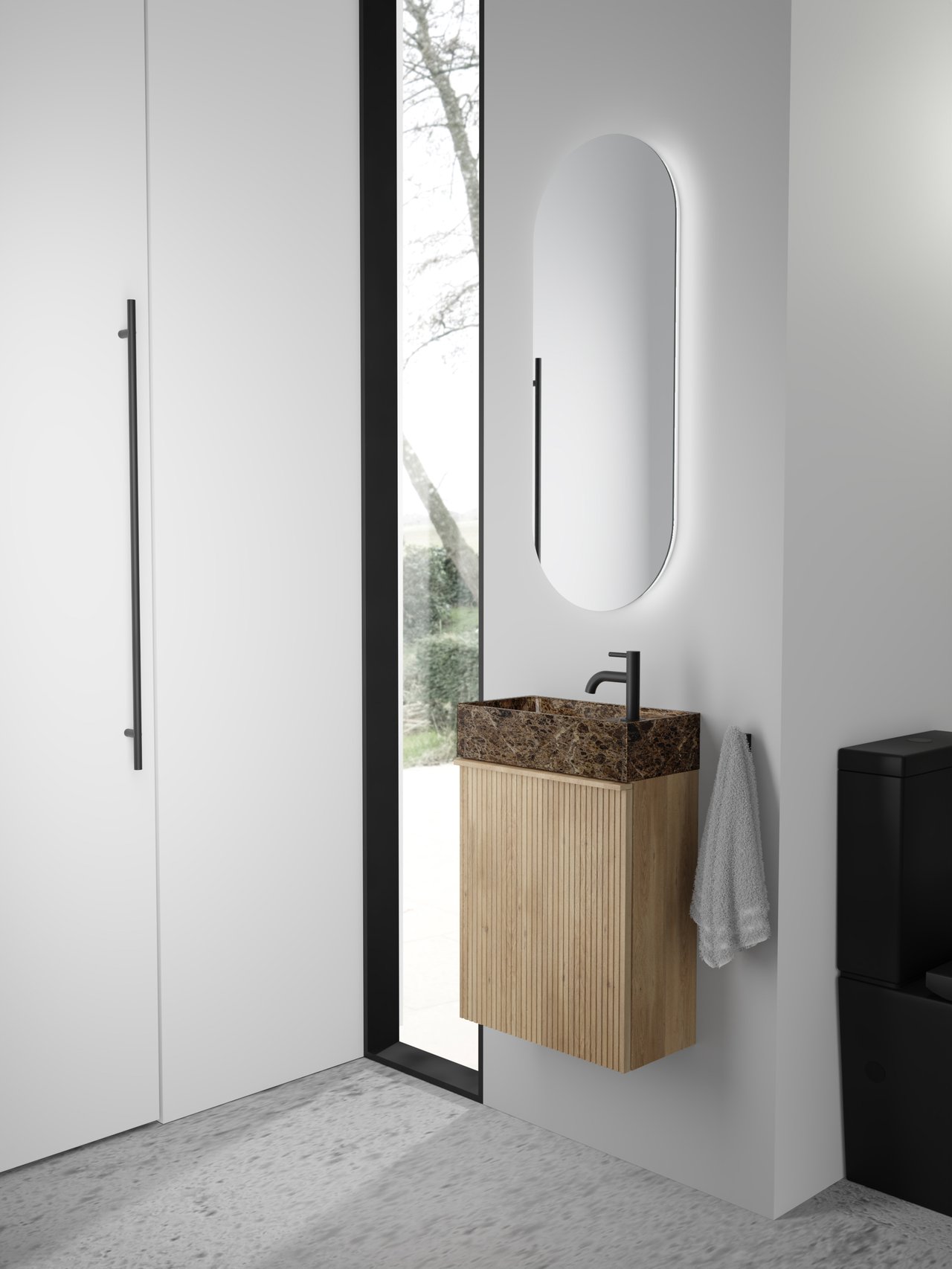 Balmani Forma zwevend toiletmeubel 42 x 21 cm natuur eik met Dama wastafel in Dark Emperador marmer