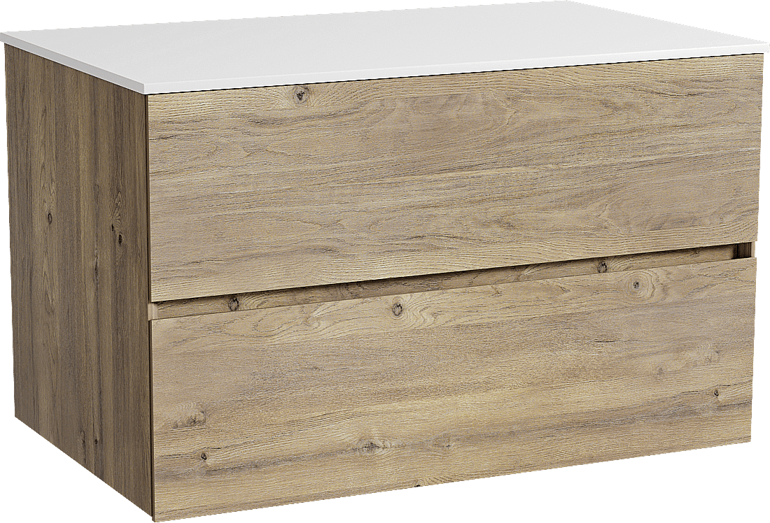 Storke Edge meuble salle de bains suspendu 85 x 52 cm chêne brut avec Tavola tablette simple en solid surface blanc mat