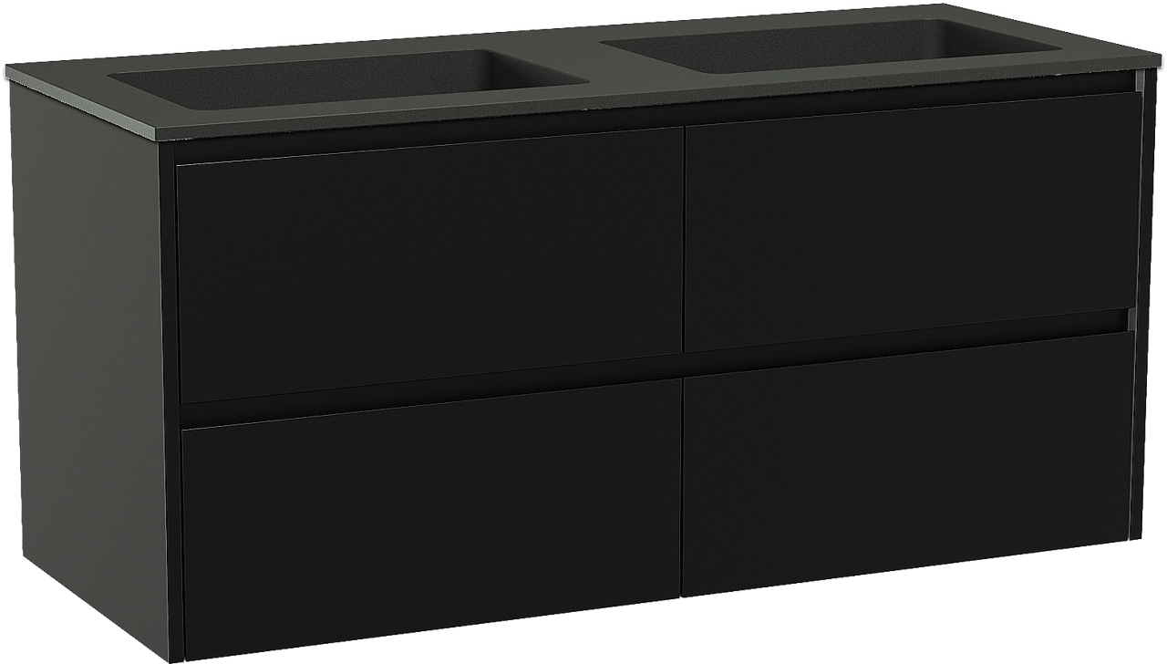 Storke Seda zwevend badmeubel 130 x 52 cm mat zwart met Scuro dubbele wastafel in kwarts mat zwart