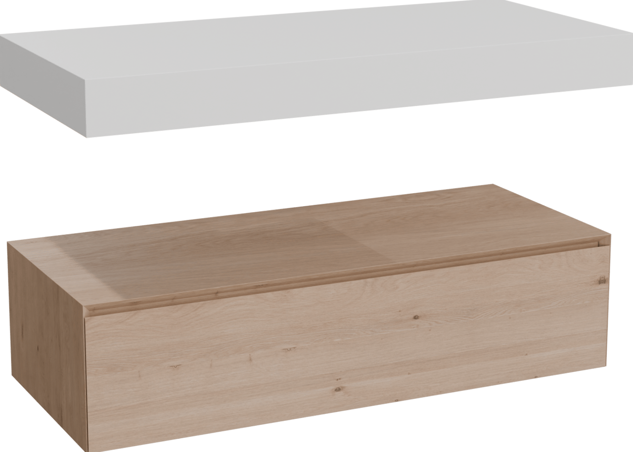 Balmani Mitra Elements hängendes Möbelstück Set: 120 x 55 cm, Naturbelassene Eiche mit Dominus Einzel- oder Doppel Waschtischplatte, Solid Surface Weiß matt