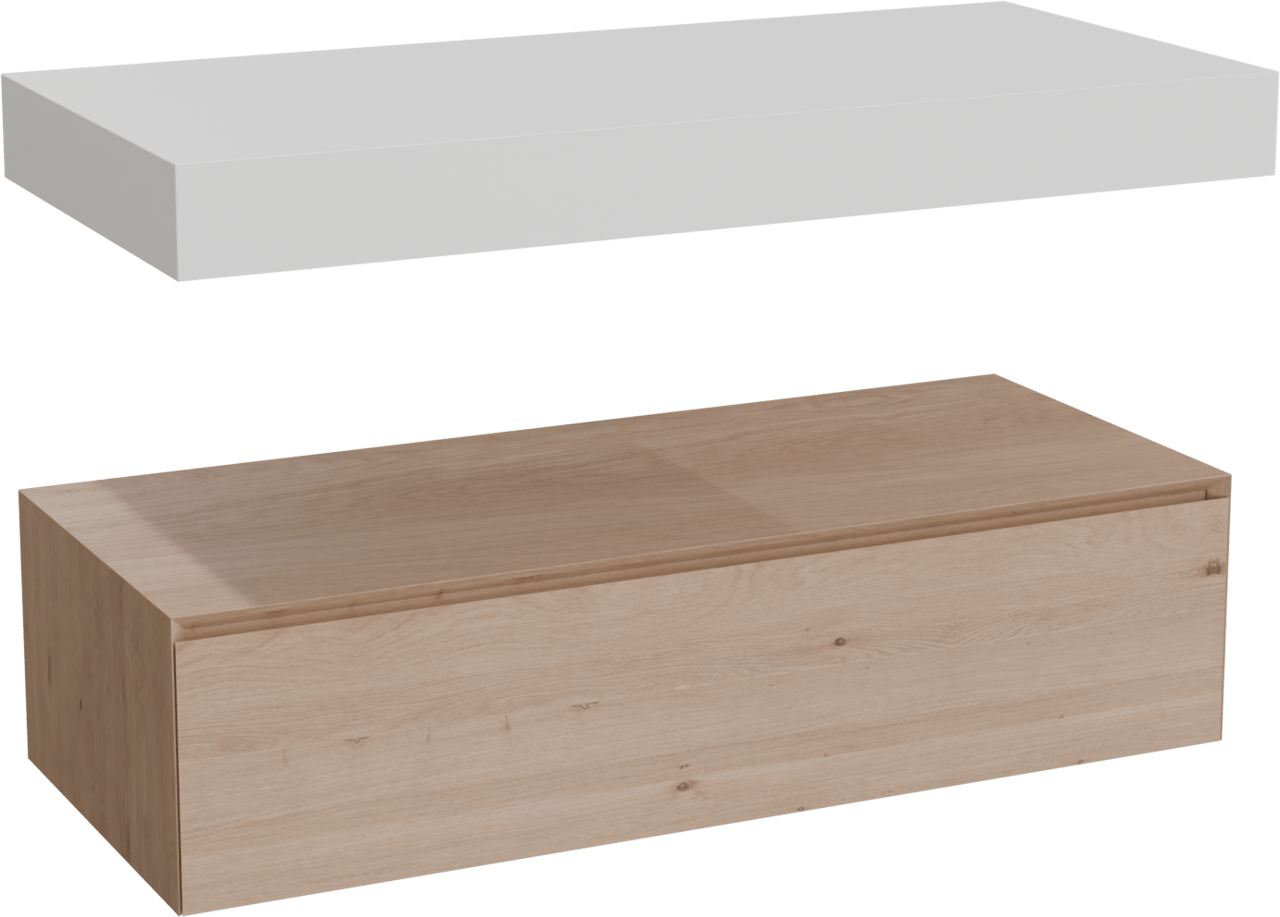 Balmani Mitra Elements meuble salle de bains suspendu 120 x 55 cm chêne naturel avec Dominus tablette simple ou double en solid surface blanc mat