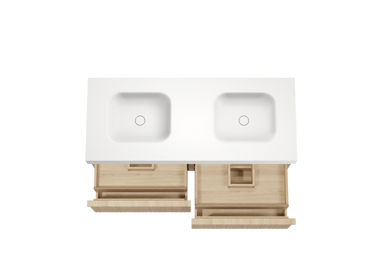 Balmani Forma zwevend badkamermeubel 135 x 55 cm natuur eik met Arcato dubbele wastafel in solid surface mat wit, Verticale asymmetrische ronde ribbel