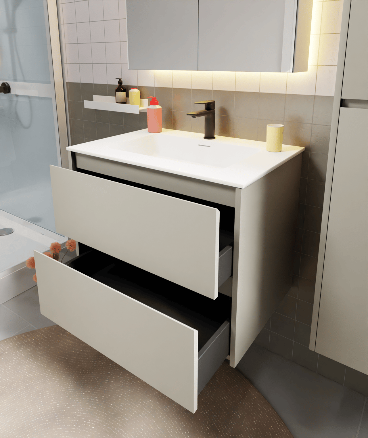 Storke Seda zwevende wastafelonderkast 75 x 52 cm zijdegrijs 2 lades