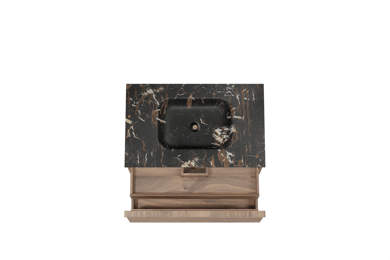 Balmani Forma hängendes Möbelstück Set: 90 x 55 cm, Amerikanischer Nussbaum, mit Tablo Arcato Einzelwaschtisch, Marmor, Portoro Gold, Horizontale symmetrische gerade Rippe