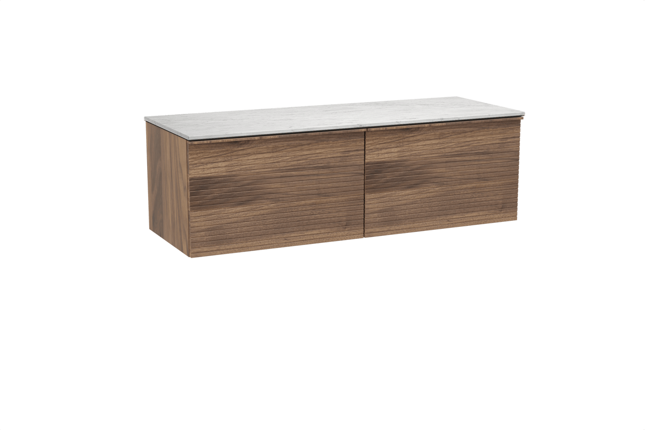 Balmani Forma meuble salle de bains suspendu 150 x 55 cm noyer américain avec Stretto tablette simple ou double en marbre carrare, Nervure droite symétrique horizontale