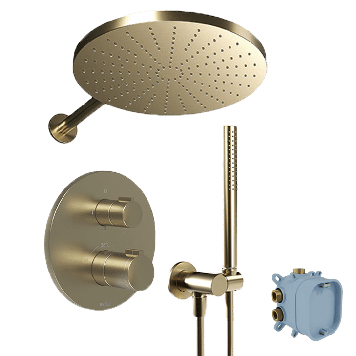 Blaufoss Smartbox Round Duschsystem: Unterputz, inkl. Thermostat-Duscharmatur, inkl. Duschkopf, 30 cm, Brushed Champagne Gold