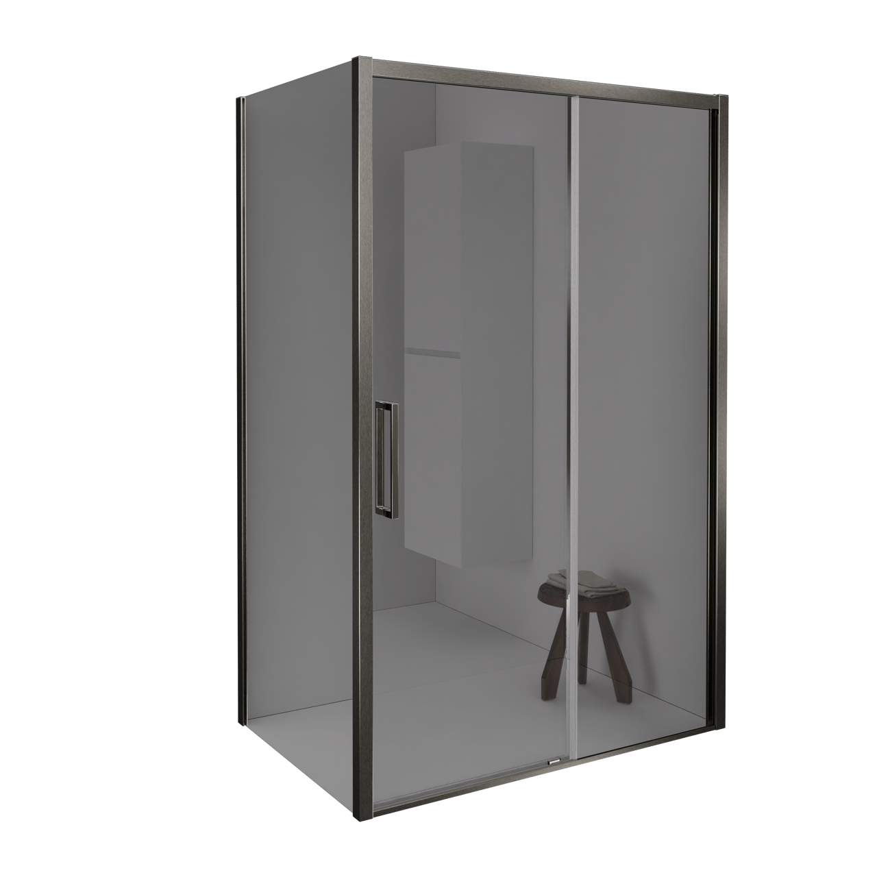 Balmani Senses Design douche d'angle avec porte coulissante à droite et paroi latérale fixe, 120 x 80 cm, Verre miroir reflex, Profil Brushed GunMetal, coating inclus