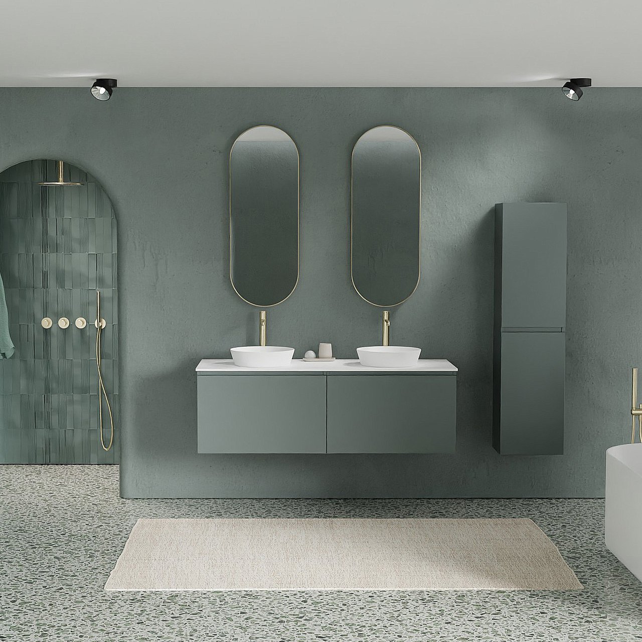 Balmani Sfera zwevend badmeubel 150 x 55 cm forest met Stretto enkel of dubbel wastafelblad in solid surface mat wit