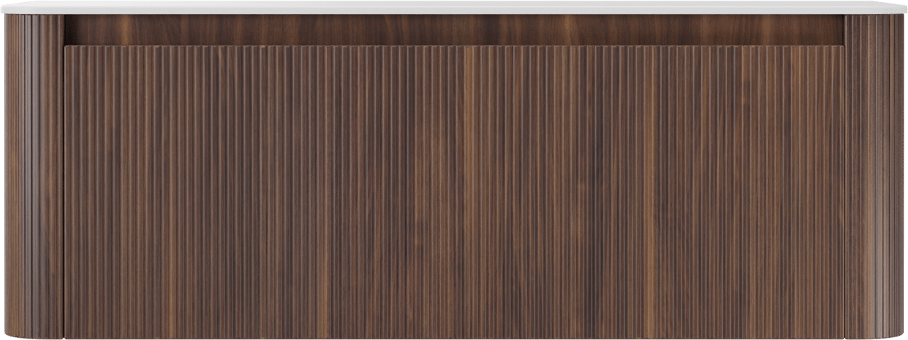 Storke Soft zwevend badkamermeubel 140 x 46 cm notelaar met Tavola Soft enkele of dubbele tablet in solid surface mat wit, Verticale symmetrische rechte ribbel