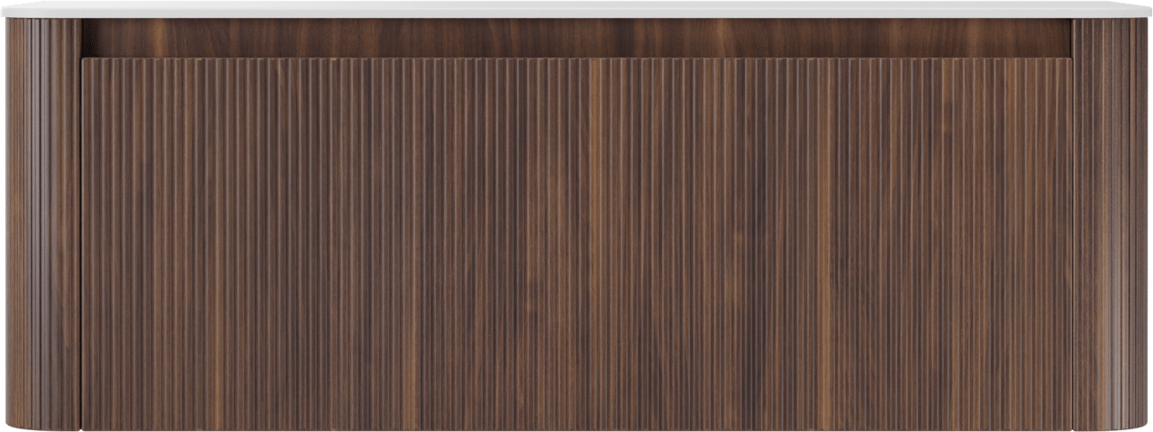 Storke Soft meuble salle de bains suspendu 140 x 46 cm noyer avec Tavola Soft tablette simple ou double vasque en Solid Surface blanc mat, Nervure droite symétrique verticale