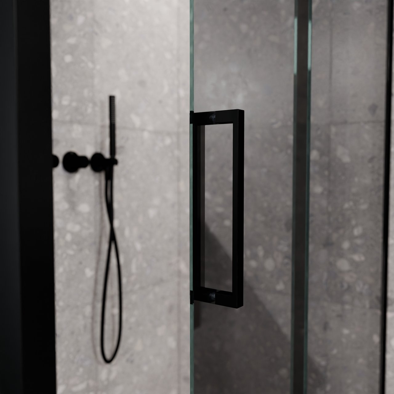 Balmani Senses Design douche d'angle avec porte coulissante à droite et paroi latérale fixe, 140 x 80 cm, Verre miroir reflex, Profil Noir mat