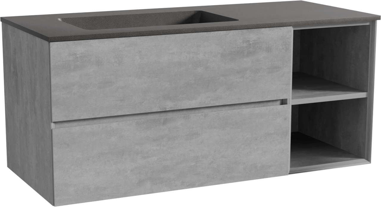 Storke Edge meuble salle de bains suspendu 120 x 52 cm béton gris foncé avec Scuro plan vasque asymétrique à gauche en quartz noir mat