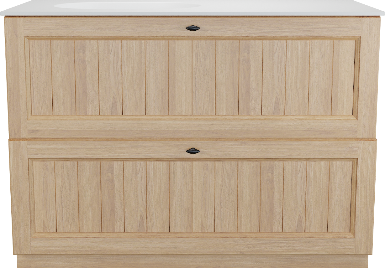 Balmani Lemon staand badkamermeubel 120 x 55 cm, fineer natuur eik met Tablo Oval asymmetrisch linkse wastafel in mat wit