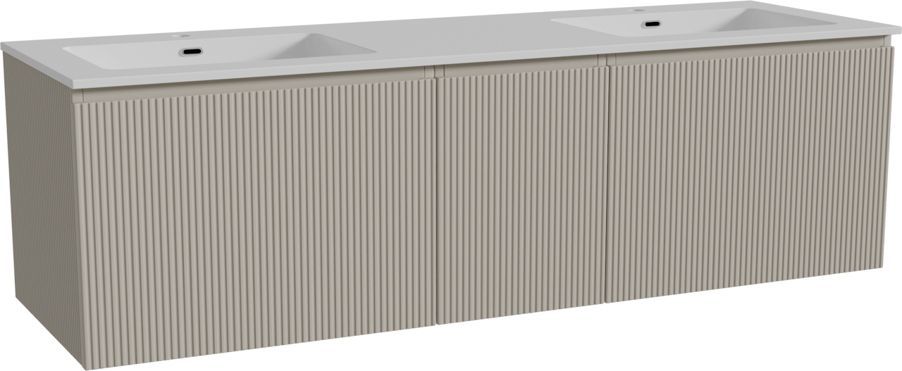 Storke Ribs meuble salle de bains suspendu 165 x 52 cm soie grise avec Diva double vasque en marbre composite blanc brillant, Nervure droite symétrique verticale