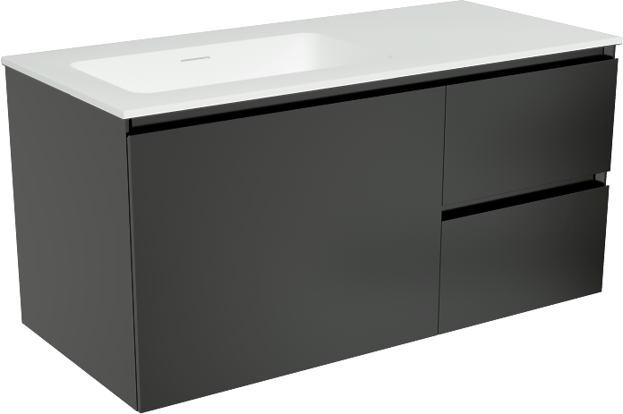 Storke Edge hängendes Möbelstück Set: 100 x 46 cm, Schwarz matt, mit Mata Waschtisch links, Solid Surface Weiß matt