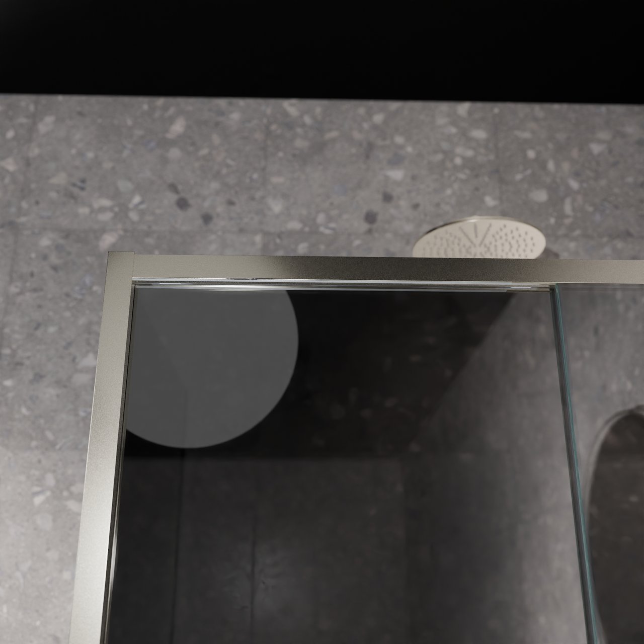 Balmani Senses Design douche en coin avec porte coulissante à droite et paroi latérale fixe, 120 x 100 cm, Miroir Reflex, Profil Brushed CoolMetal