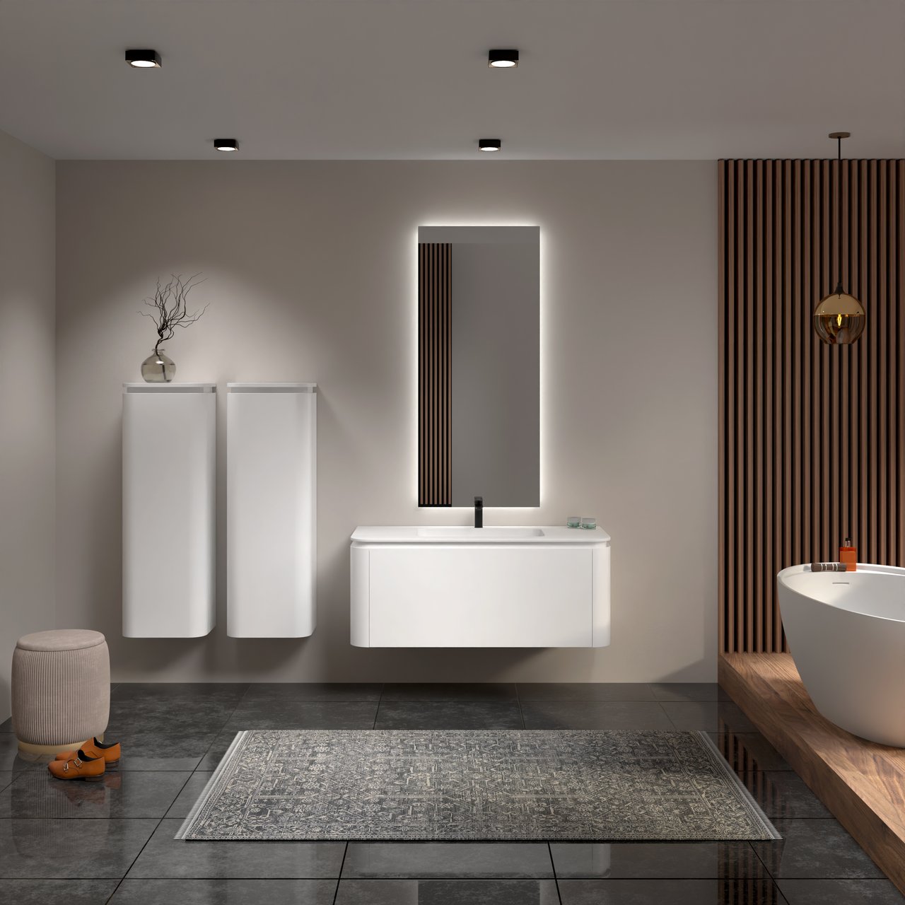 Balmani Moon meuble salle de bains suspendu 130 x 55 cm blanc mat avec Moon plan simple en solid surface blanc mat