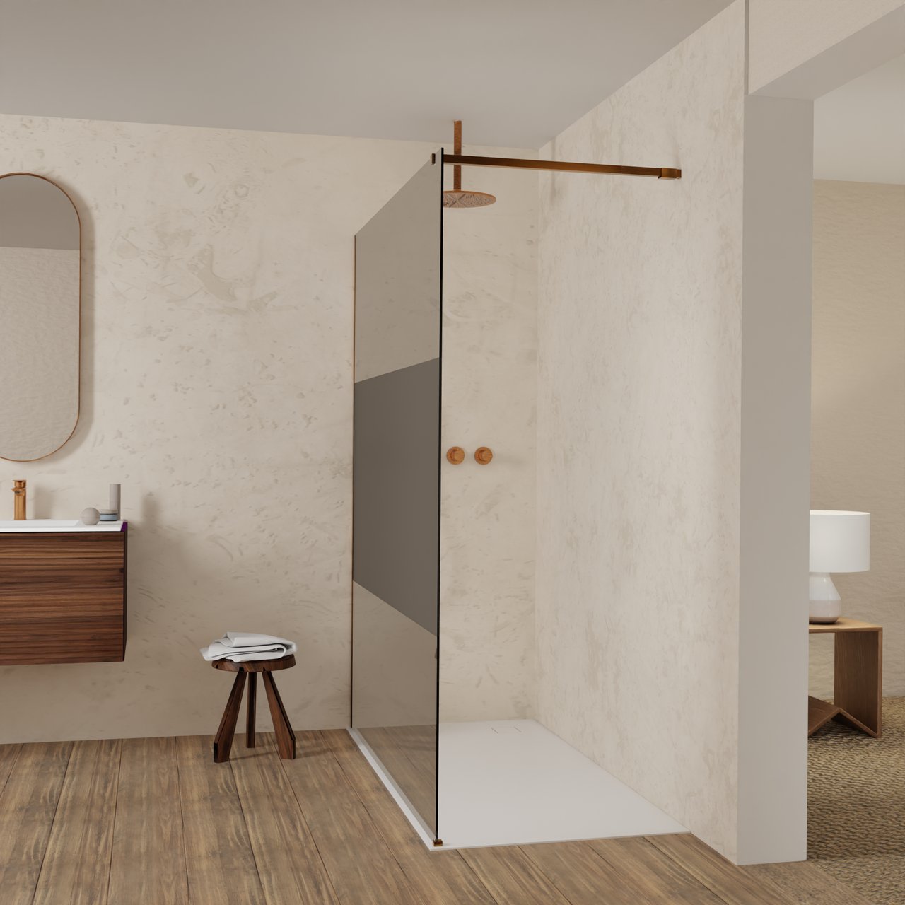 Balmani Modular douche à l'italienne: 160 x 200 cm, Verre fumé avec bande matte, avec coating, Profil Brushed Rosegold