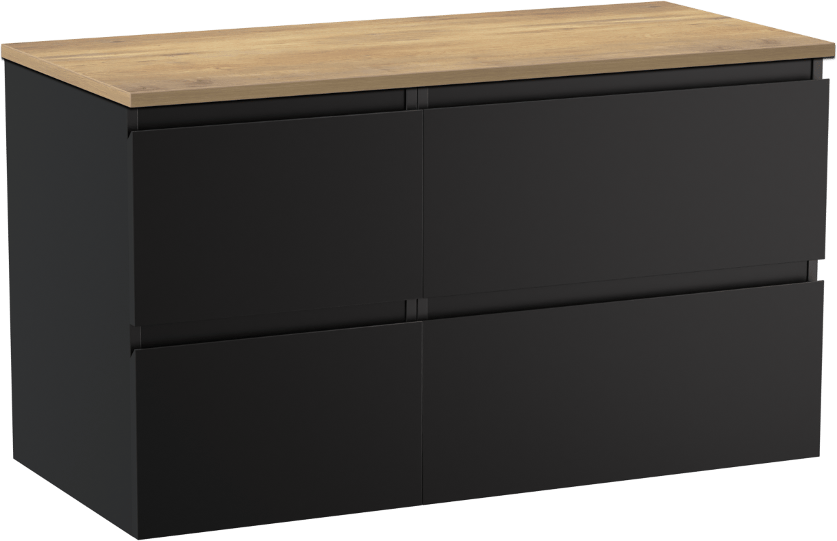 Linie Lado zwevend badmeubel 100 x 46 cm mat zwart met Lado enkel of dubbel wastafelblad in melamine naturel eiken