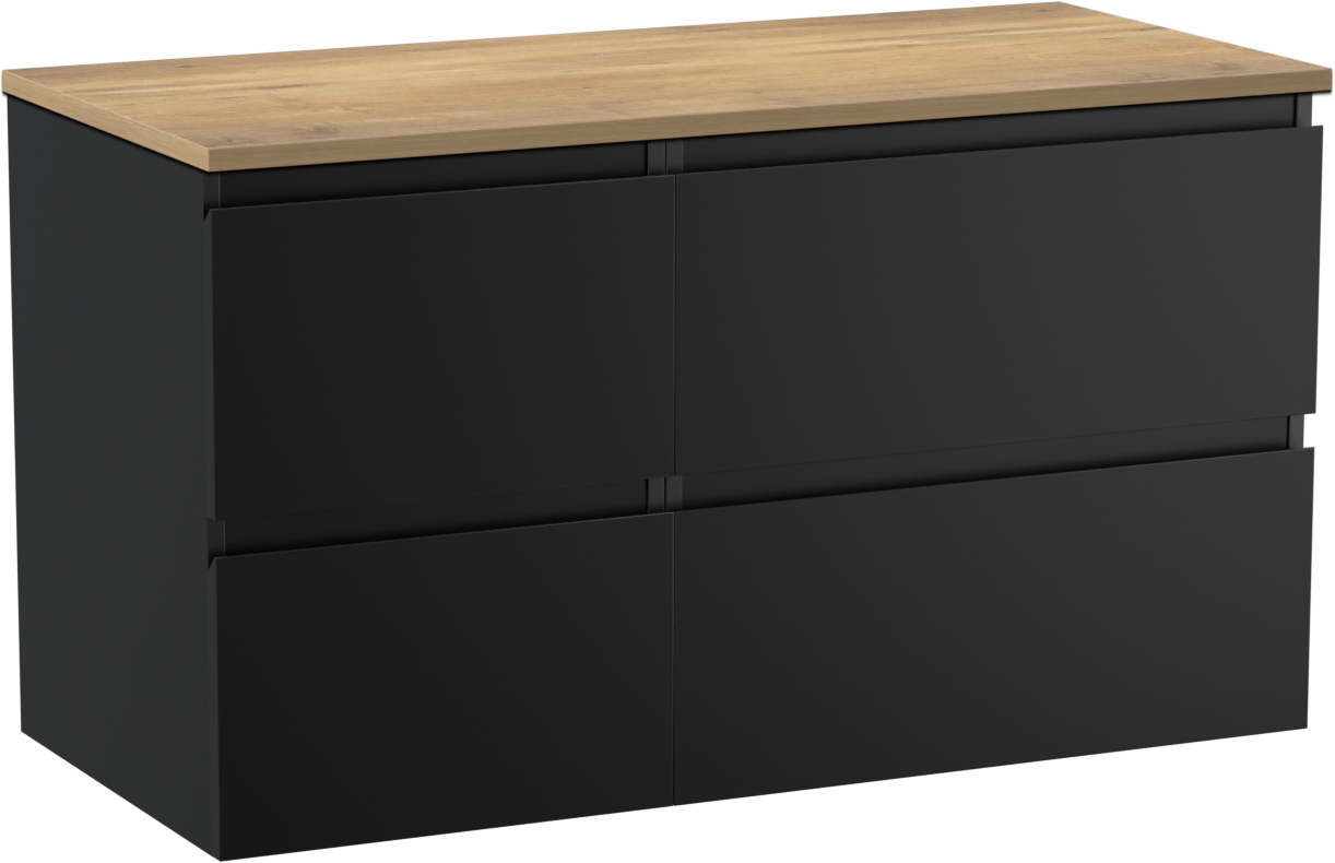 Linie Lado zwevend badmeubel 100 x 46 cm mat zwart met Lado enkel of dubbel wastafelblad in melamine naturel eiken