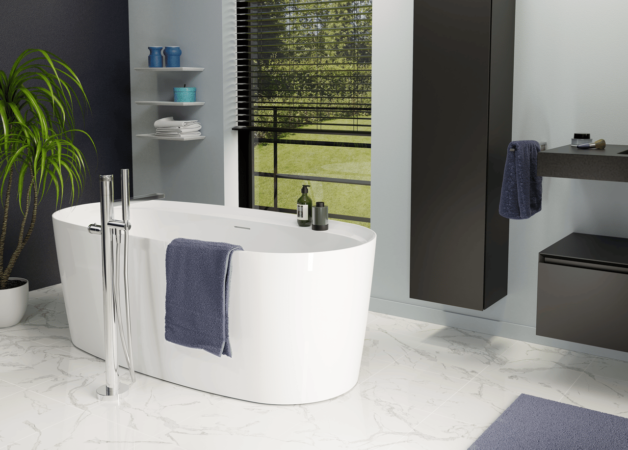 Luca Varess Sutilo Freistehende Badewanne: 160 x 75 cm, Acryl, Weiß Glänzend, mit integrierter Ablage