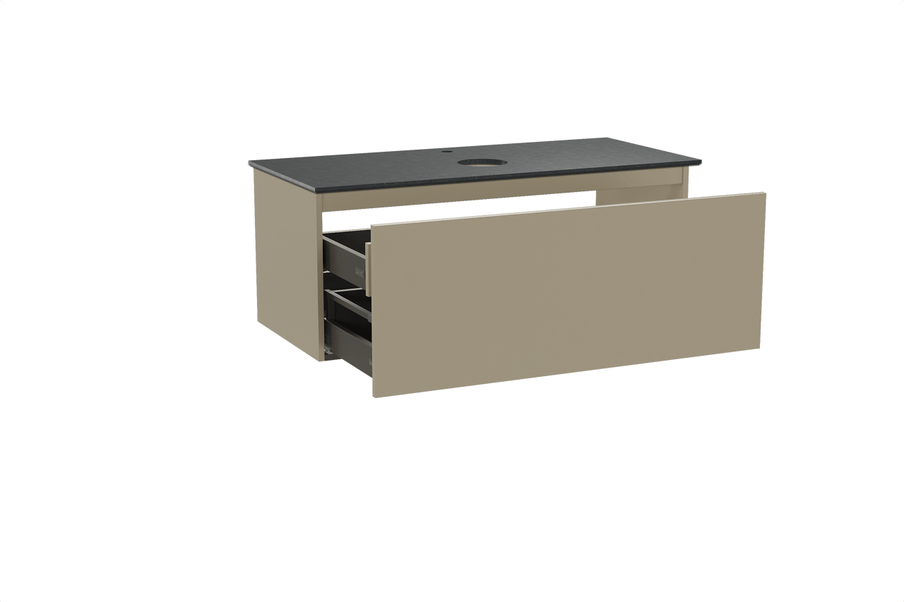 Balmani Sfera hängendes Möbelstück Set: 120 x 55 cm, Dune, mit Facetta Einzel Waschtischplatte, Schwarzes Granit