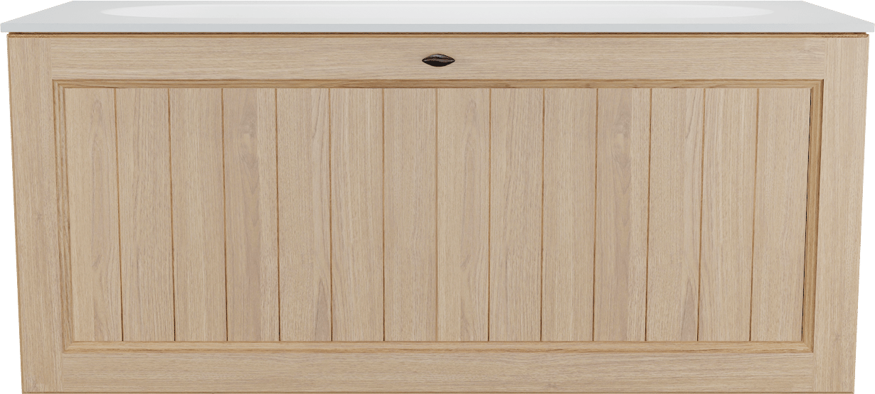 Balmani Lemon hängendes Möbelstück Set: 120 x 55 cm, Naturbelassene Eiche Furnier, mit Tablo Oval Einzelwaschtisch für 2 Armaturenlöcher, Weiß matt