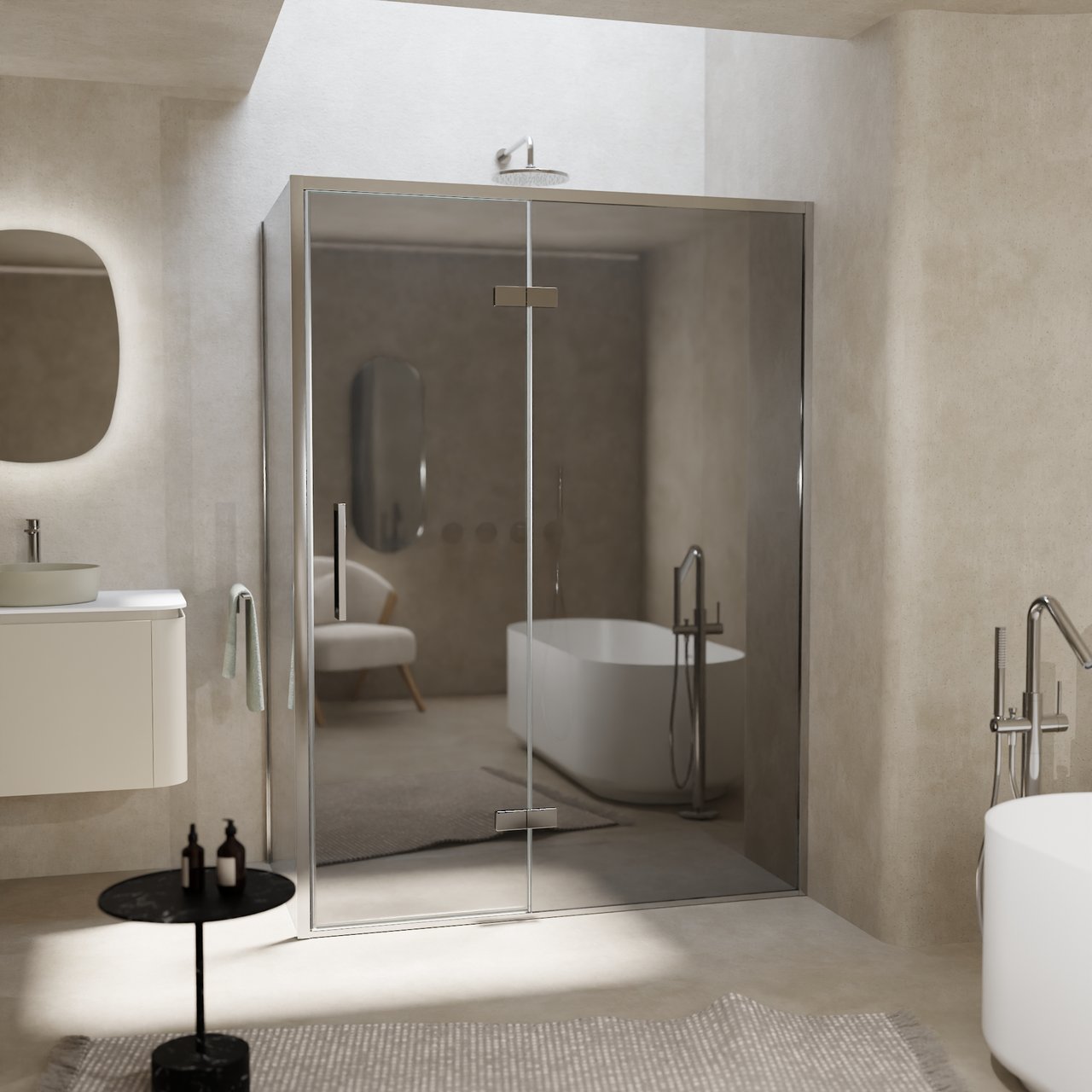 Balmani Senses Design douche en coin avec porte pivotante à droite et paroi latérale fixe, 140 x 100 cm, Miroir Reflex, Profil chrome, coating inclus