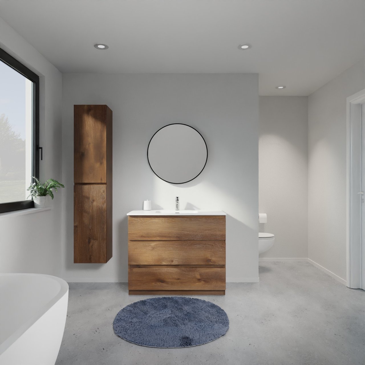 Linie Lado staand badkamermeubel 100 x 46 cm bruine eik met Baro enkele wastafel in porselein glanzend wit