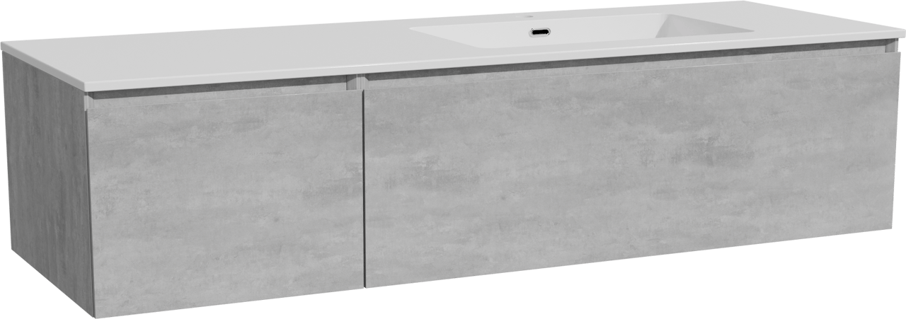 Storke Edge meuble salle de bains suspendu 150 x 52 cm béton gris foncé avec Diva plan vasque asymétrique à droite en marbre composite blanc brillant