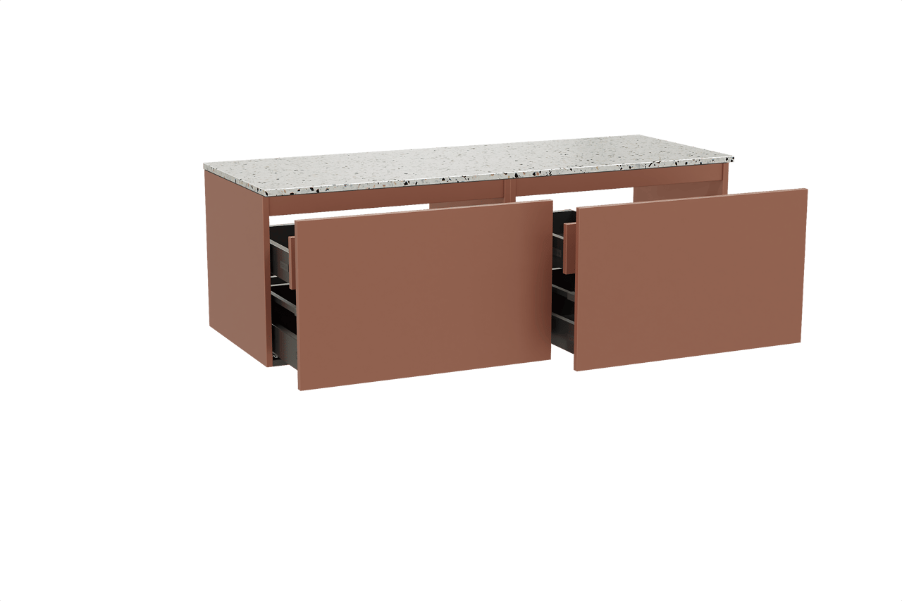 Balmani Sfera zwevend badkamermeubel 150 x 55 cm cotto met Stretto enkel of dubbel tablet in mat wit/zwart terrazzo