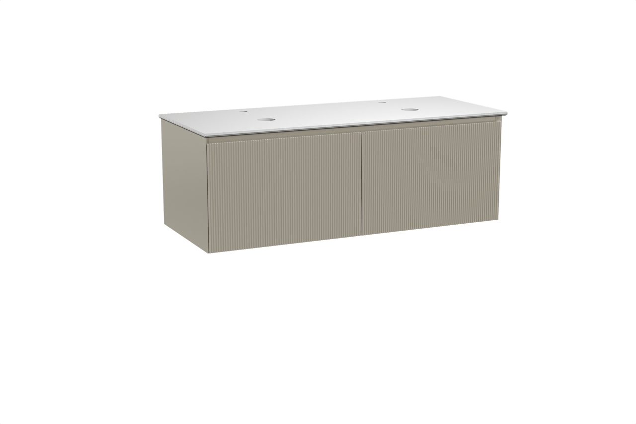 Balmani Fila zwevend badkamermeubel 135 x 55 cm steengrijs met Facetta dubbel tablet in solid surface mat wit, Verticale symmetrische rechte ribbel