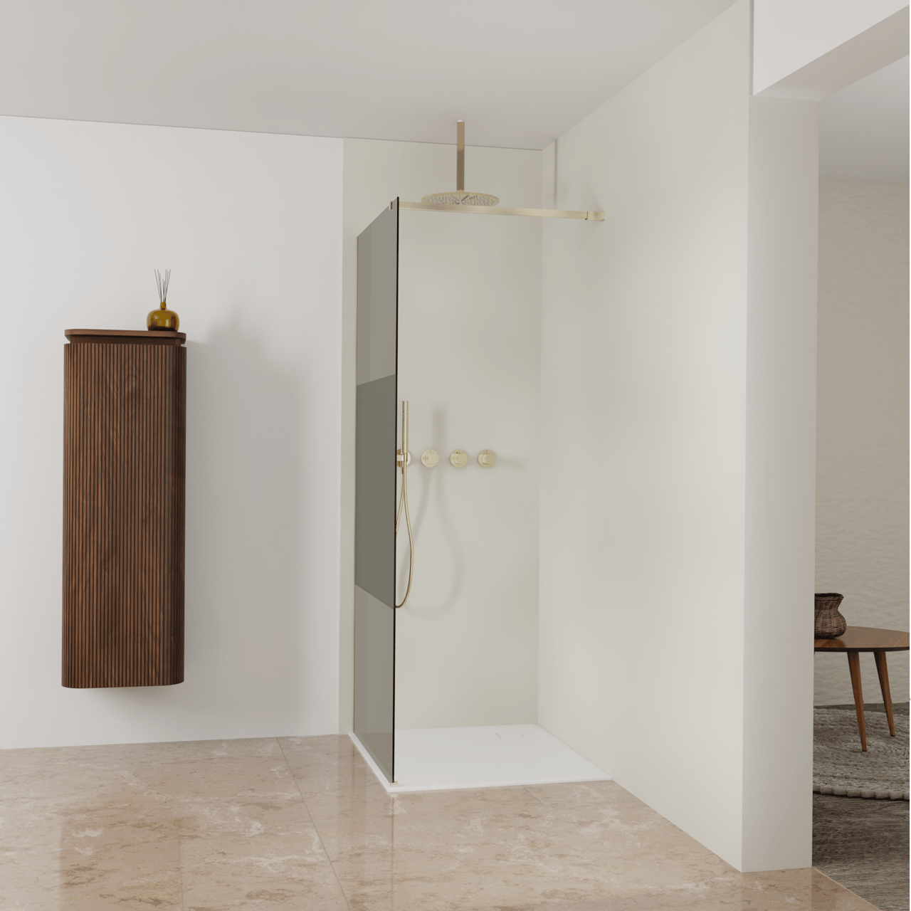 Balmani Modular Walk-In Dusche: 90 x 200 cm, Rauchglas mit mattiertem Streifen, inklusive Coating, Profil Brushed Champagne Gold
