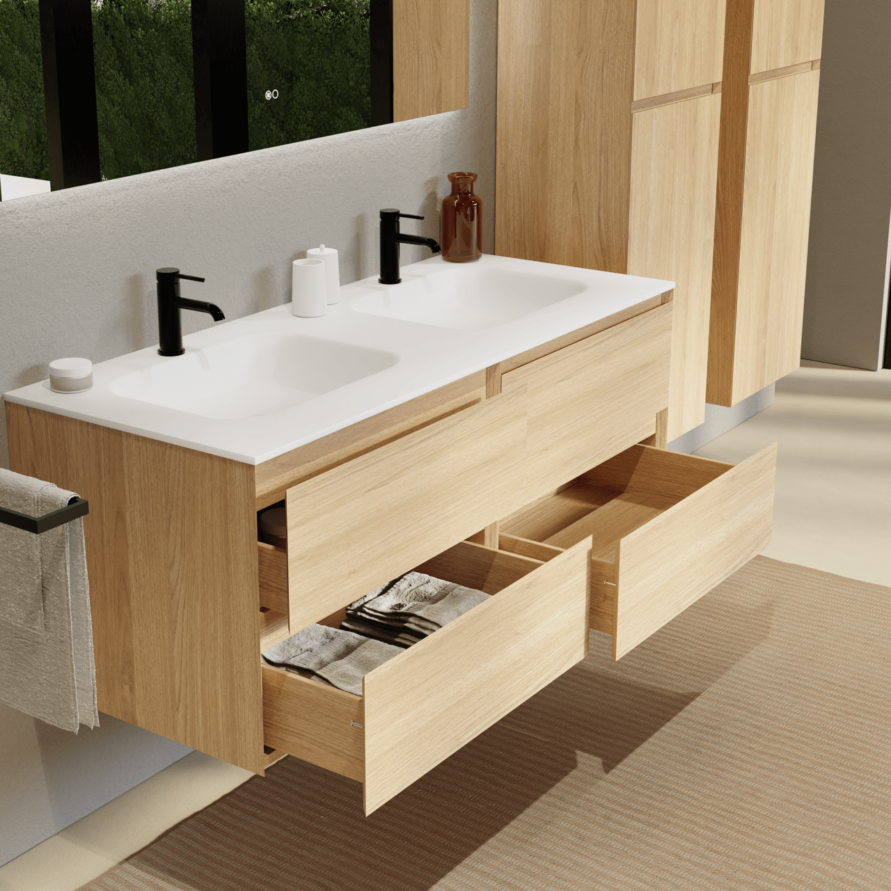 Balmani Mitra hängendes Möbelstück Set: 135 x 55 cm, Naturbelassene Eiche, mit Tablo Arcato Doppelwaschtisch, Solid Surface Weiß matt