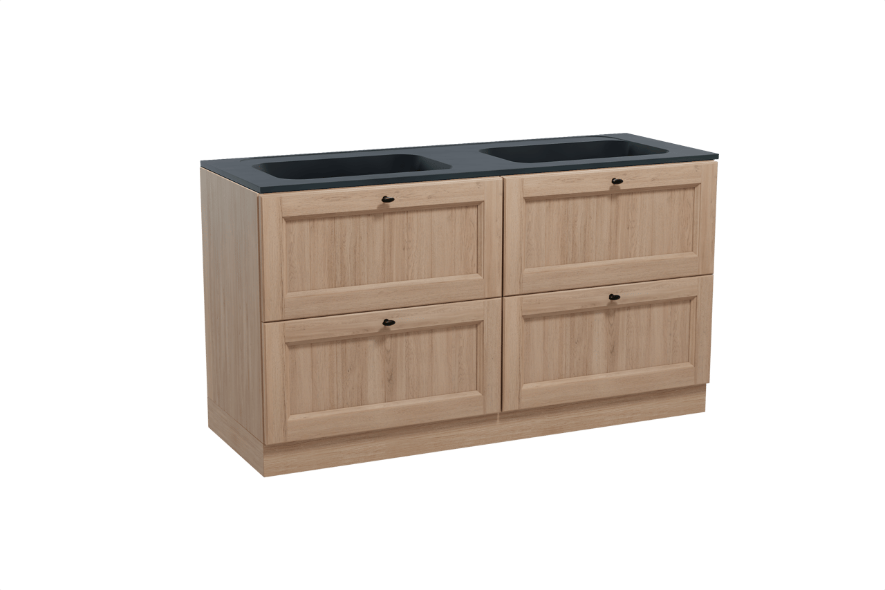 Balmani Lemon freistehendes Möbelstück Set: 150 x 55 cm, Verwitterte Eiche, mit Tablo Strada Doppelwaschtisch, Marmorkomposit Schwarz matt