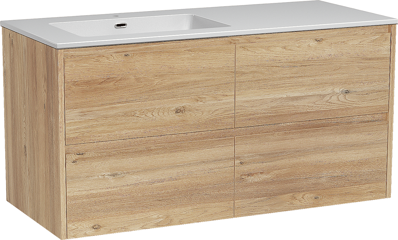 Storke Seda zwevend badmeubel 120 x 52 cm ruw eiken met Diva asymmetrisch linkse wastafel in composietmarmer hoogglans wit