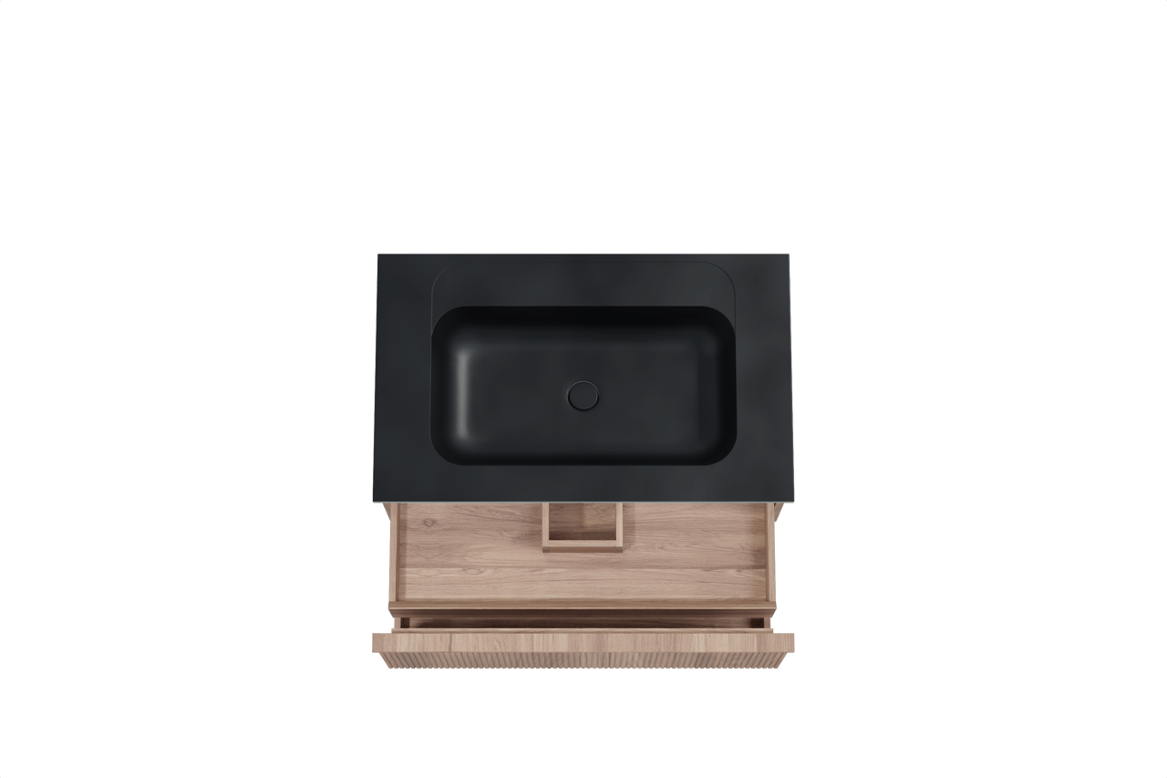 Balmani Forma zwevend badkamermeubel 90 x 55 cm teak met Tablo Strada enkele wastafel in composietmarmer mat zwart, Verticale symmetrische rechte ribbel