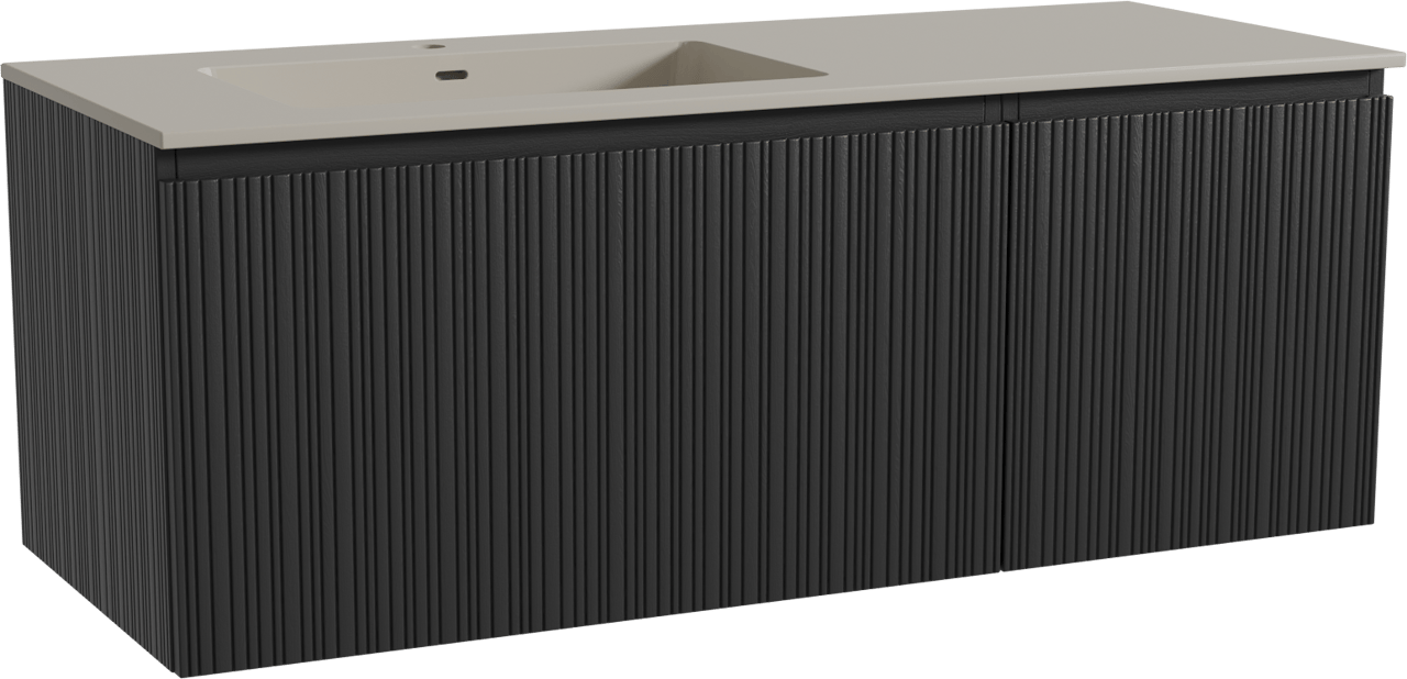 Storke Ribs zwevend badmeubel 130 x 52 cm zwart eiken met Diva asymmetrisch linkse wastafel in top solid zijdegrijs, Verticale asymmetrische rechte ribbel