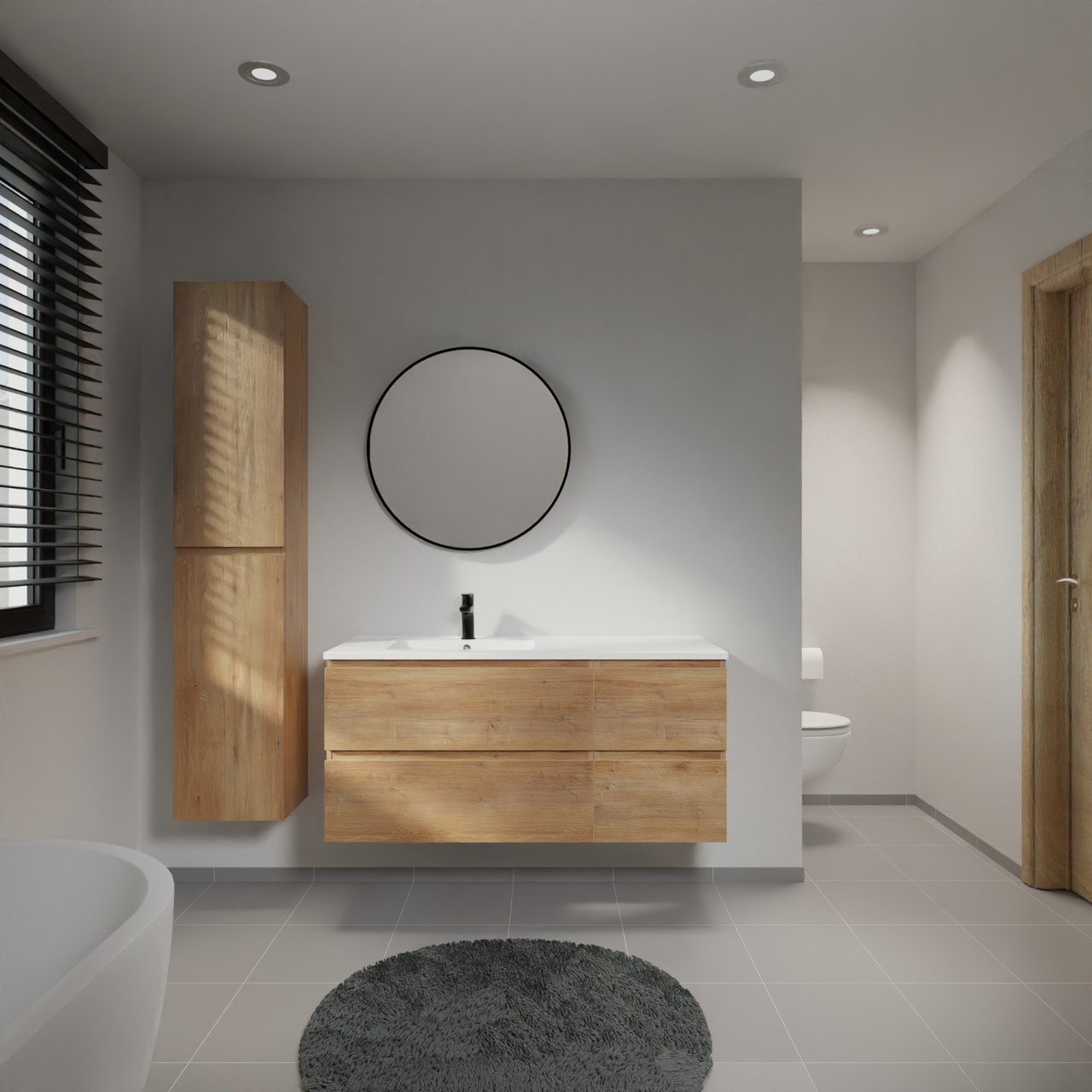 Linie Lado meuble salle de bains suspendu 120 x 46 cm chêne naturel avec Vano plan vasque asymétrique à gauche en marbre composite blanc mat