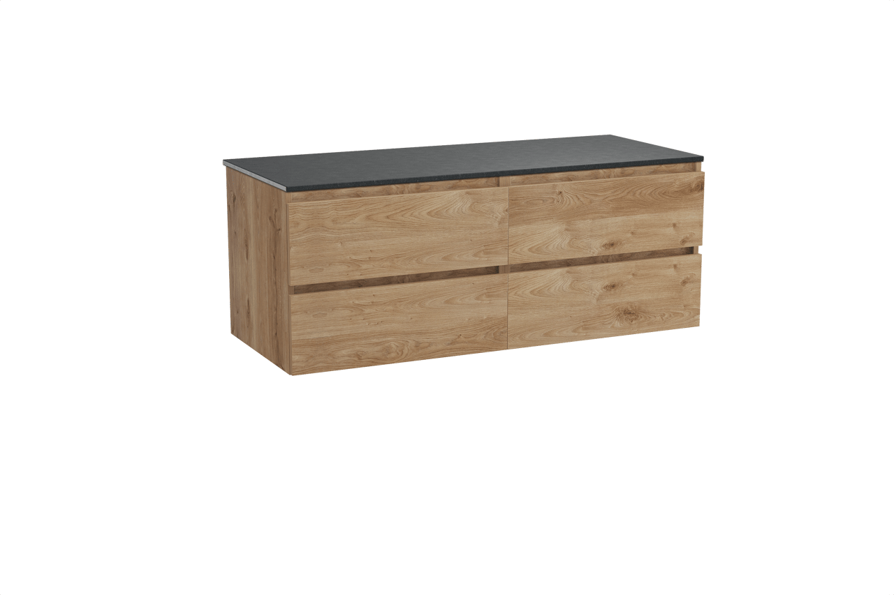 Balmani Lucida hängendes Möbelstück Set: 135 x 55 cm, Rohe Eiche, mit Stretto Einzel- oder Doppel Waschtischplatte, Schwarzes Granit