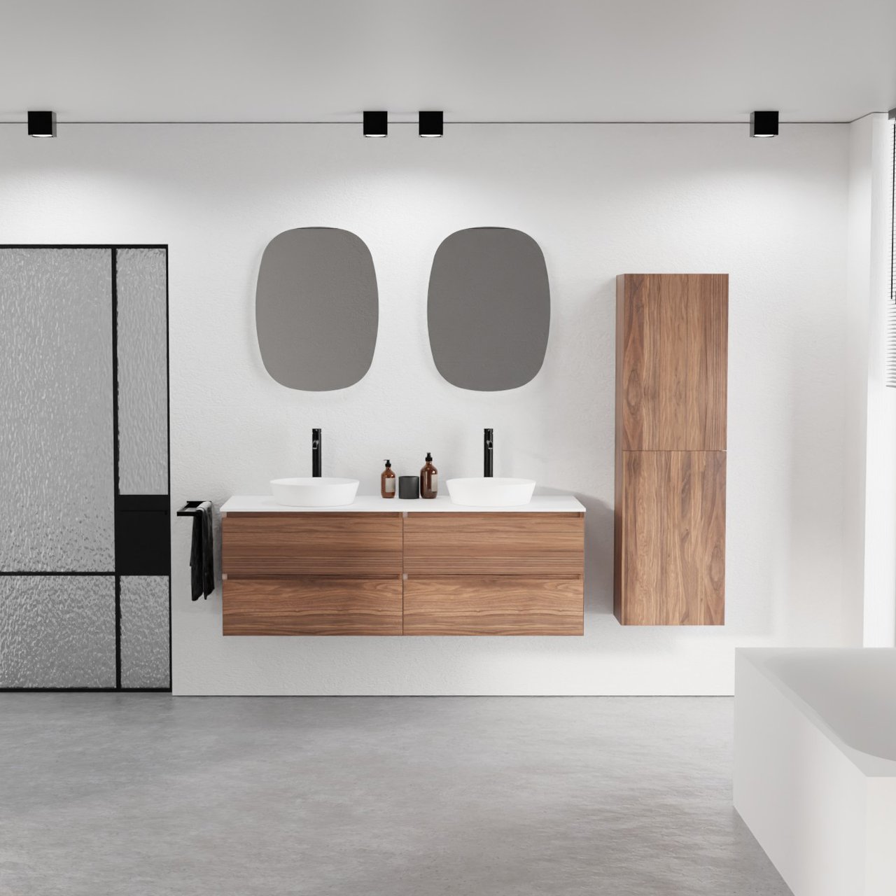 Balmani Mitra zwevend badkamermeubel 150 x 55 cm notelaar met Stretto enkel of dubbel tablet in solid surface mat wit