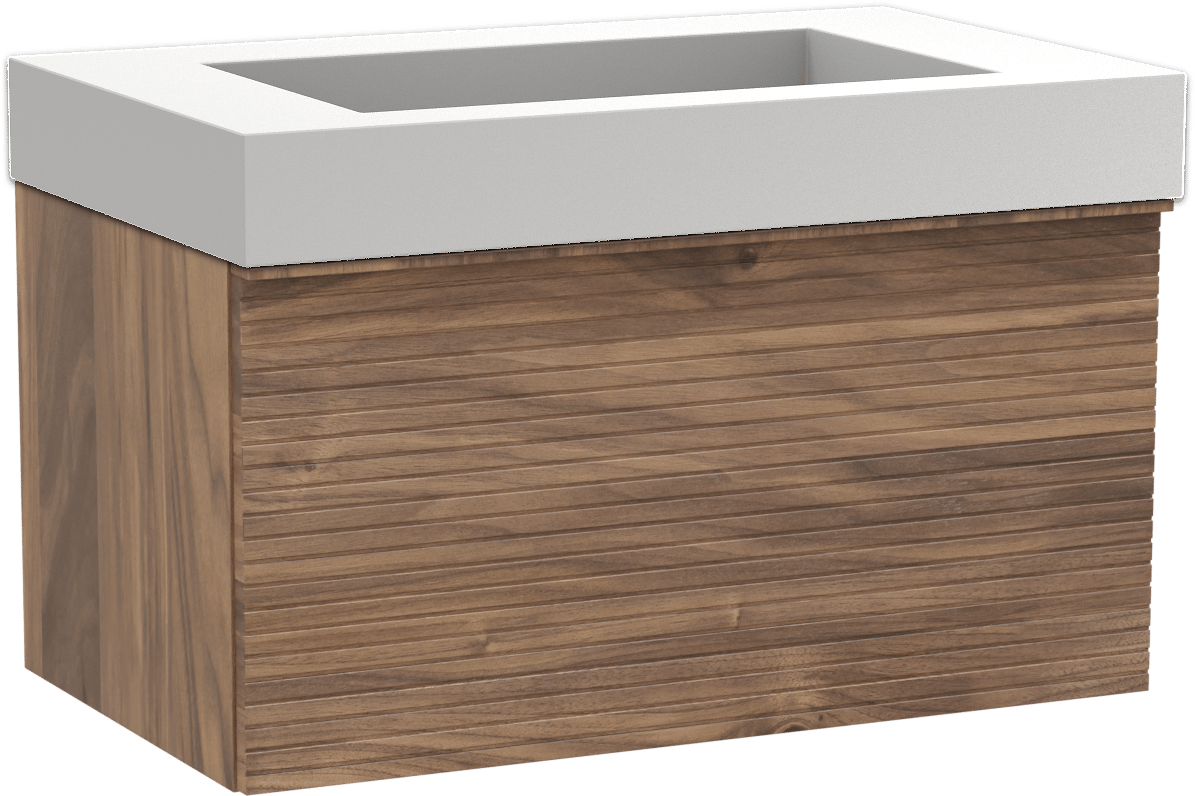 Balmani Forma zwevend badkamermeubel 90 x 55 cm amerikaanse notelaar met Modus enkele wastafel in solid surface mat wit, Horizontale symmetrische rechte ribbel