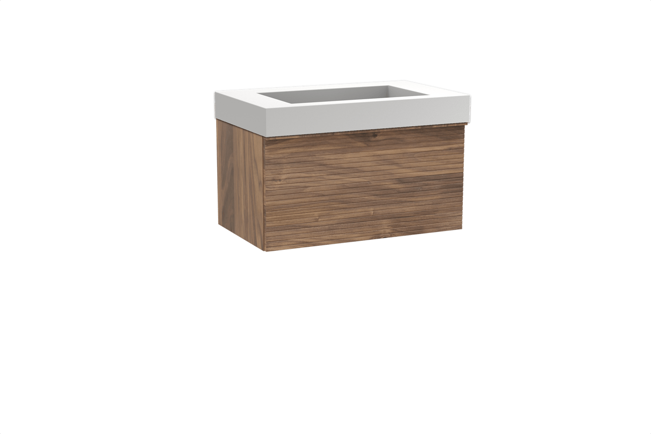 Balmani Forma hängendes Möbelstück Set: 90 x 55 cm, Amerikanischer Nussbaum, mit Modus Einzelwaschtisch, Solid Surface, Weiß matt, Horizontale symmetrische gerade Rippe