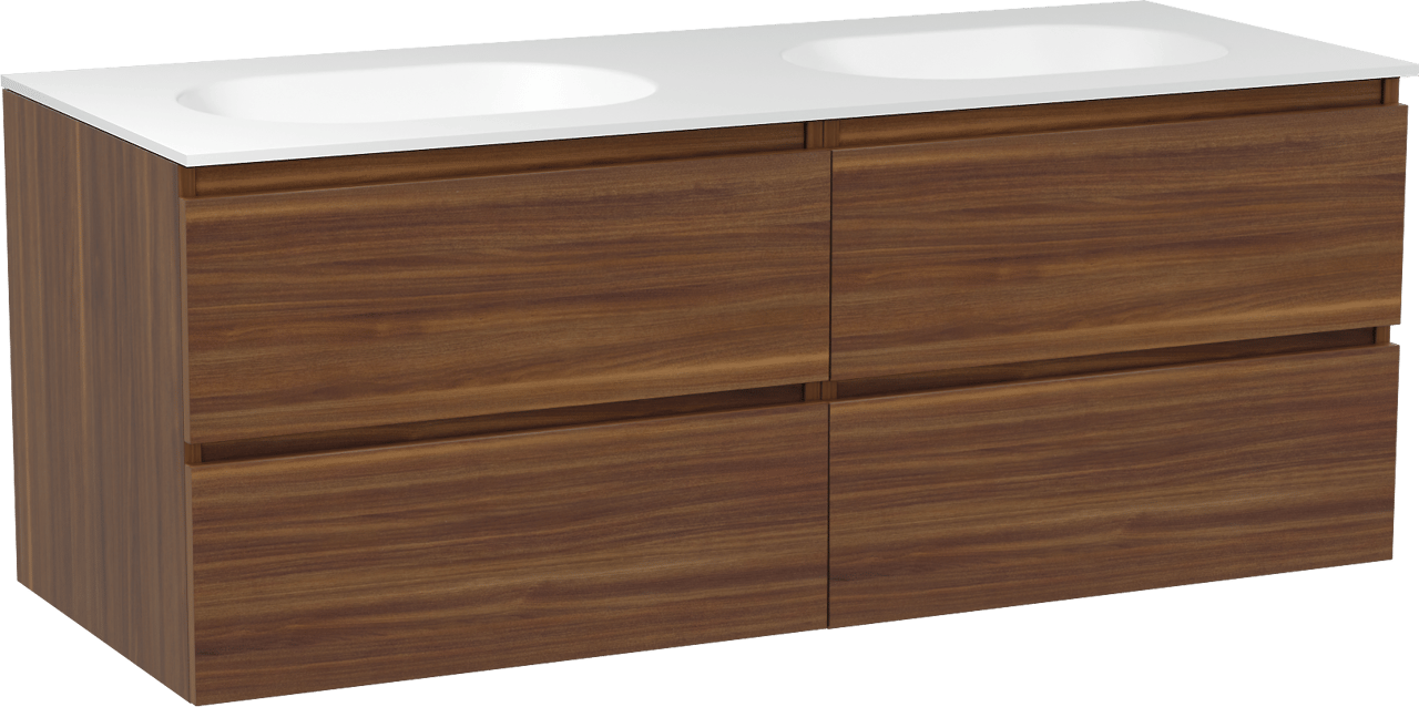 Balmani Lucida hängendes Möbelstück Set: 135 x 55 cm, Amerikanischer Nussbaum, mit Tablo Oval Doppelwaschtisch, Solid Surface Weiß matt