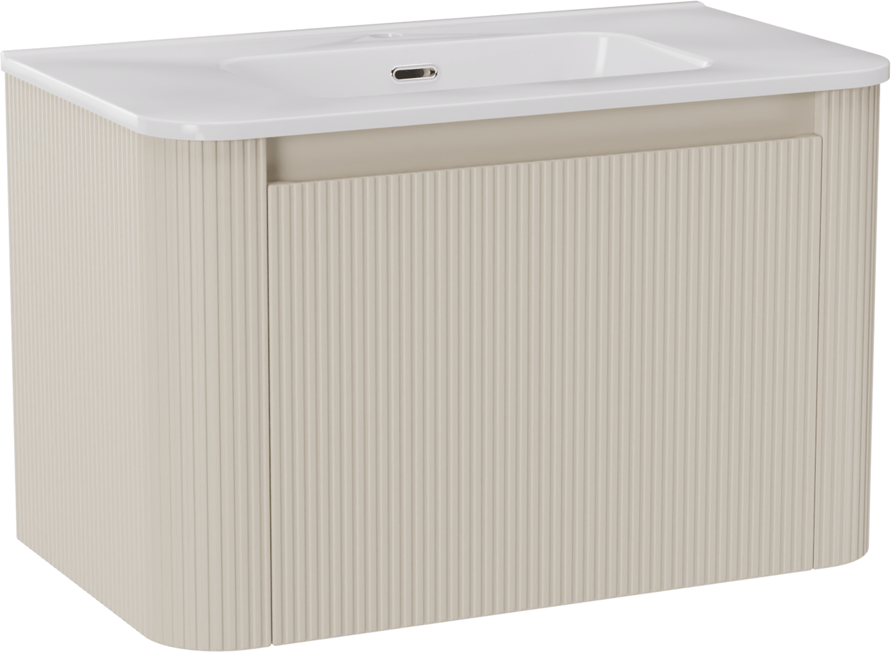 Storke Soft hängendes Möbelstück Set: 80 x 46 cm, Sand Matt, mit Kera Soft Einzelwaschtisch Keramik Weiβ glänzend, Vertikale symmetrische gerade Rippe