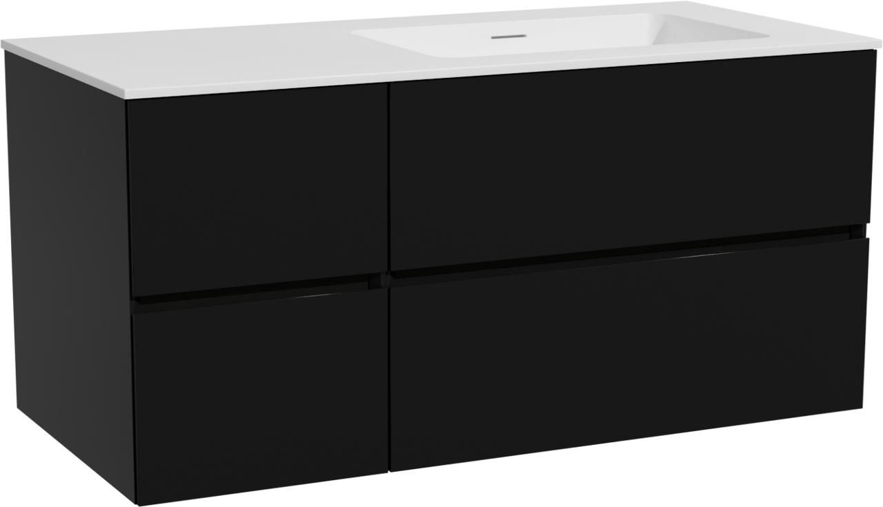 Storke Edge zwevend badmeubel 110 x 52 cm mat zwart met Mata asymmetrisch rechtse wastafel in solid surface mat wit