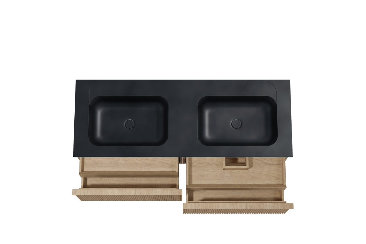 Balmani Forma zwevend badmeubel 150 x 55 cm naturel eiken met Tablo Strada dubbele wastafel in composietmarmer mat zwart, Verticale symmetrische rechte ribbel