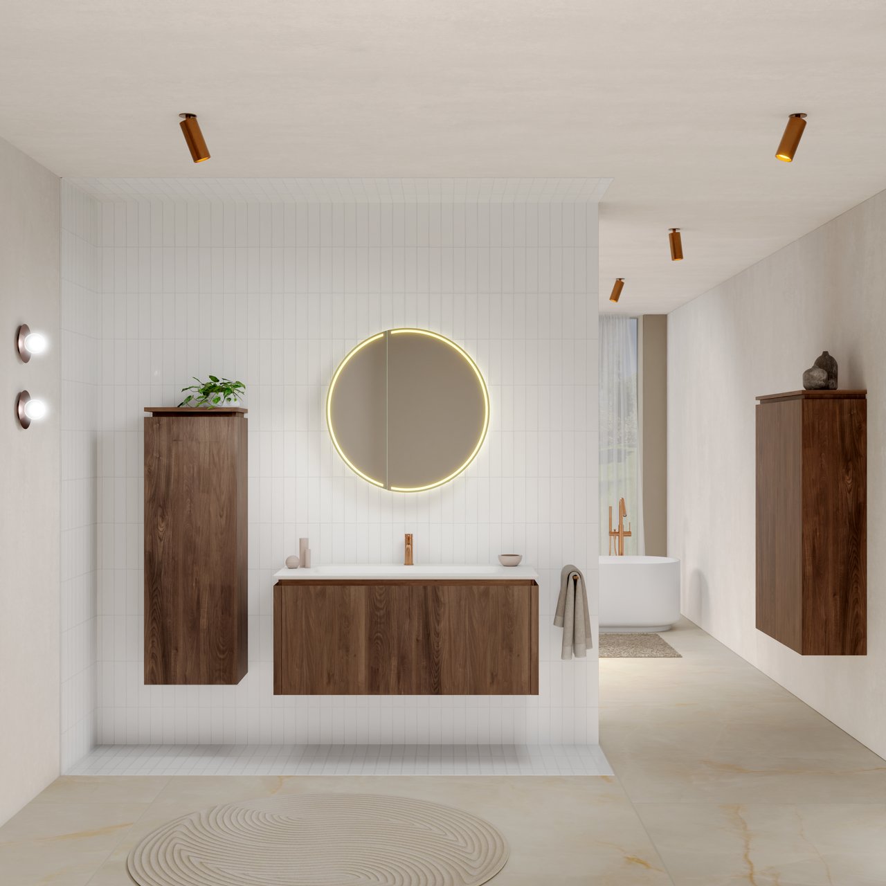 Balmani Eclips zwevend badkamermeubel 120 x 55 cm Amerikaanse notelaar met Eclips enkele wastafel in Solid Surface mat wit