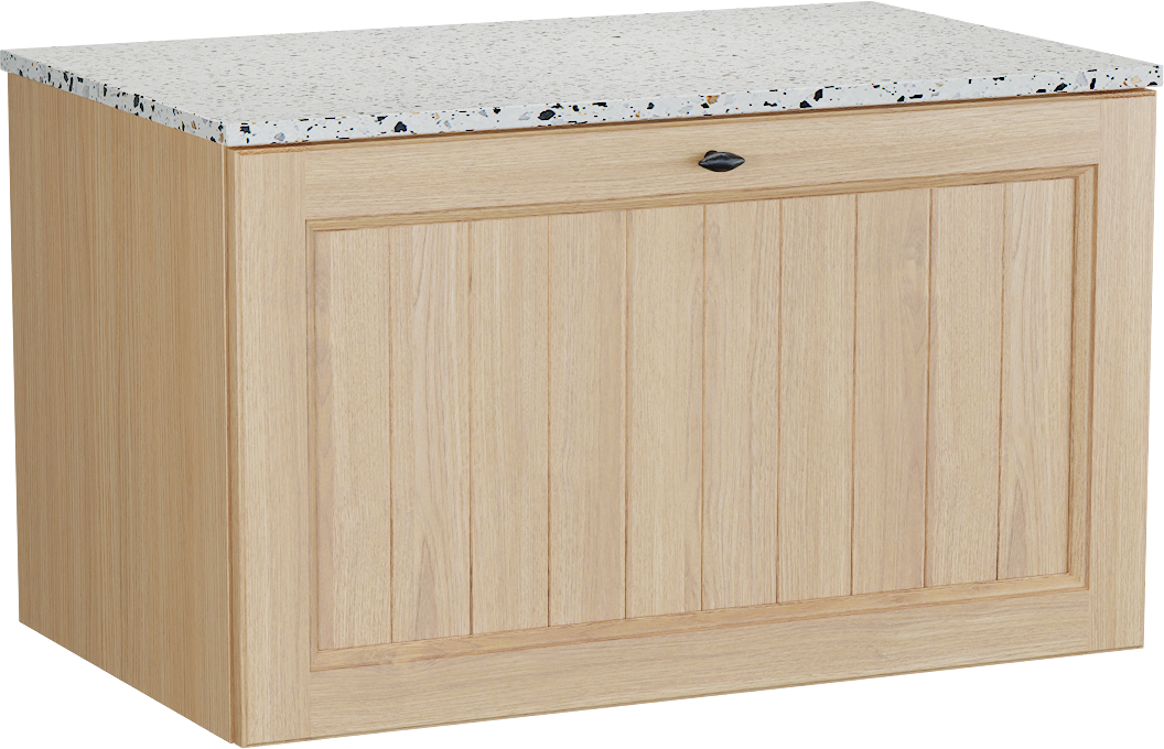 Balmani Lemon hängendes Möbelstück Set: 90 x 55 cm, Naturbelassene Eiche Furnier, mit Stretto Einzel Waschtischplatte, Terrazzo in Weiß/Schwarz matt